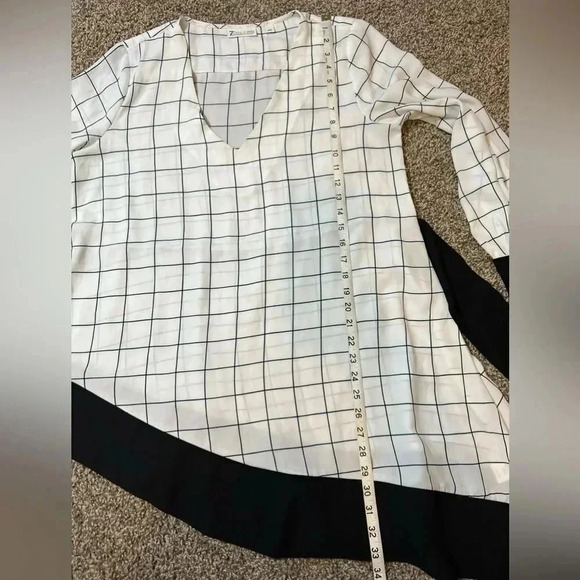 New york & COMPANY BLOUSE WHITE & BLACK PLAID V NECK MIDI BELTED SIZE Large - Picture 5 of 6